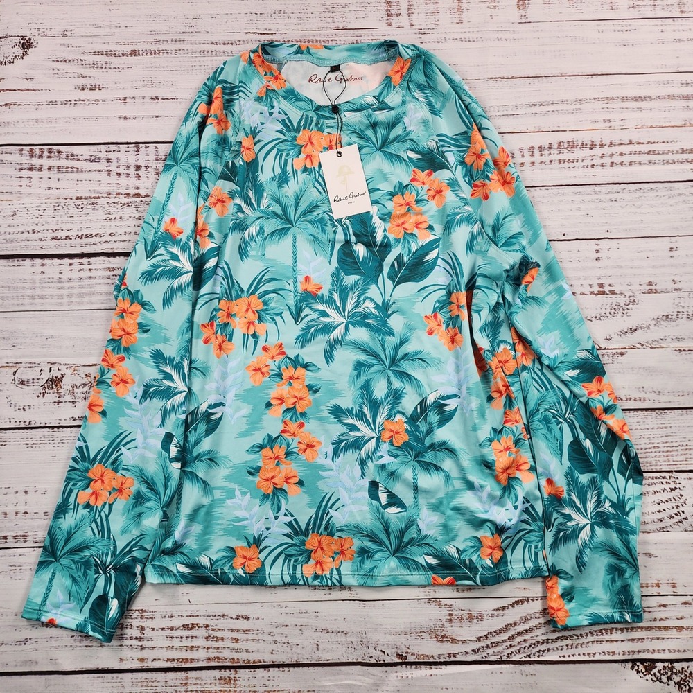 Robert Graham Tropical Forest Rashguard Men M Green Floral Swim Shirt UPF 50 NWT